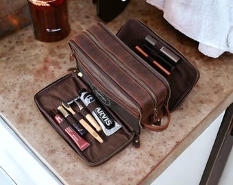 Premium Leather Toiletry Kit - Compact and Stylish Travel Companion for Men - Durable Crazy Horse Leather - With 3 Zipper.