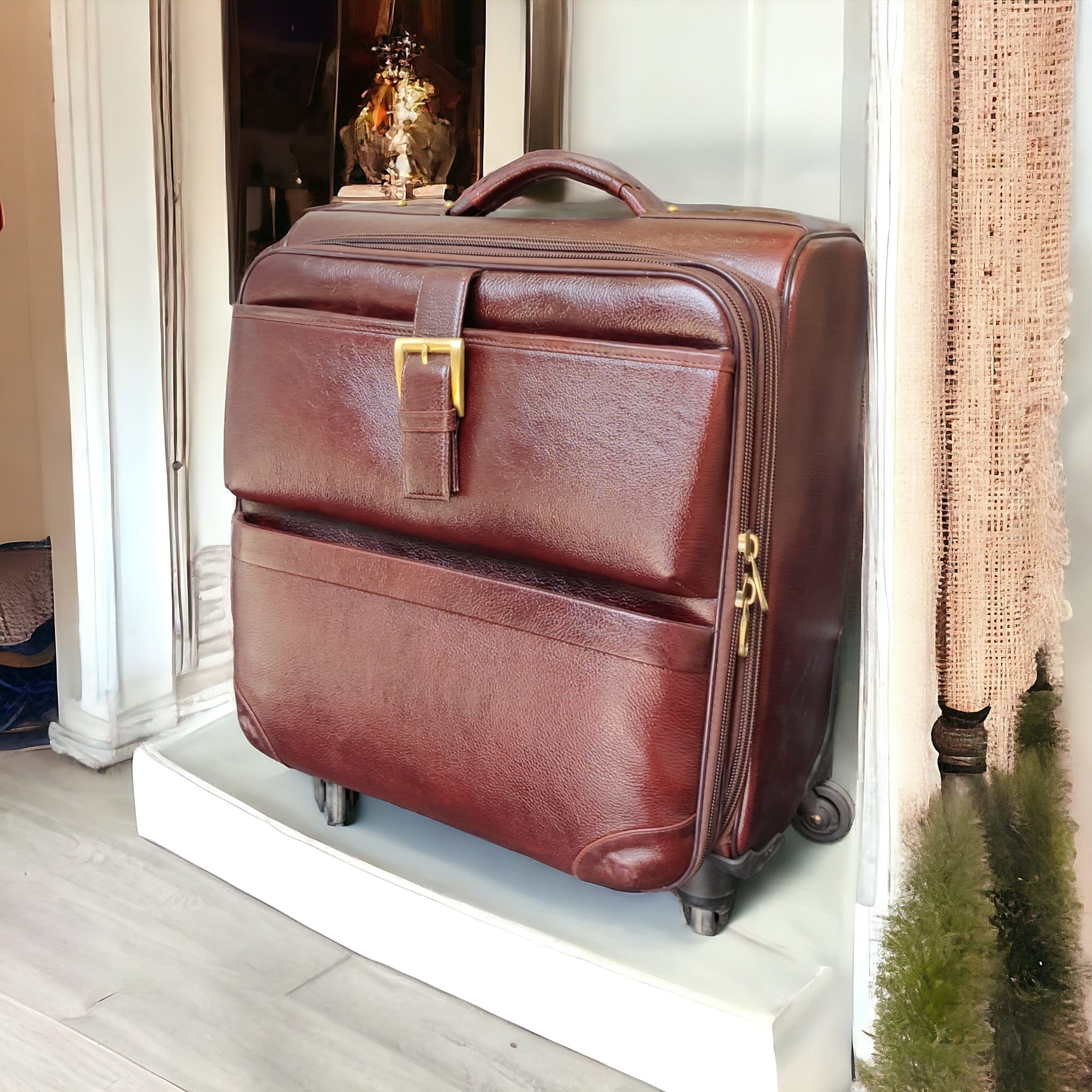 Luxury Leather Carry On Travel Bag Leather Trolley Bag, Bag With 4 Wheels Brown Leather Cabin Luggage Airplane Bag Brown in Color Best Gift