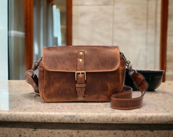 Leather Camera Bag, Personalised DSLR Camera Bag, Camera Satchel Bag, Vintage Shoulder Bag For Nikon, Canon