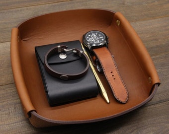 Genuine Hand Crafted Leather Office Desk Organizer, Catch All Tray, Custom Storage Tray, Personalized Valet