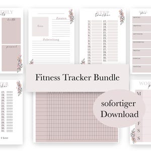 Könnte beinhalten: Ein Fitness-Tracker-Bundle mit mehreren druckbaren Planerseiten in zartem Mauve mit floralen Akzenten. Die Blätter enthalten Bereiche für monatliche Ziele, Essensplanung, Schrittzähler, Wasseraufnahme und einen Trainingsplan.