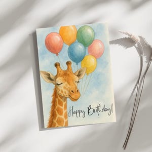 Digitale verjaardagskaart Giraf met ballonnen – Leuk dierenmotief – Direct downloaden – Kaart – Afdrukbare verjaardagskaart