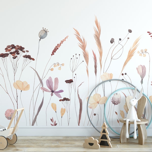 Watercolor Wildflowers, Herbs & Autumn Meadow Wallpaper Mural – Nature-Inspired Wall Art for Home Interiors