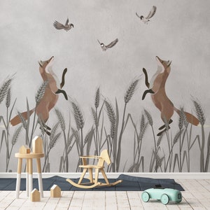Beautiful field of foxes Wallpaper for walls | Fox hunting for birds Modern removable and self-adhesive wall Murals | 29decor