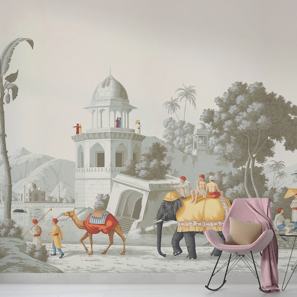 Indian Vintage Village Life Mural Wallpaper, Featuring Elephants and Camels, Temporary, Renter Friendly, Peel and Stick Wall Décor