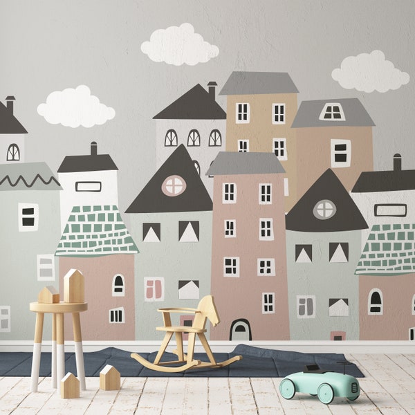 Pastel Colored Cute City Houses Peel-and-Stick Wallpaper Mural for Kids' Room