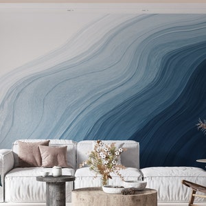 Mesmerizing Dark Blue Gradient Watercolor Wallpaper with Fluid Curve Lines for Artistic Wall Decor