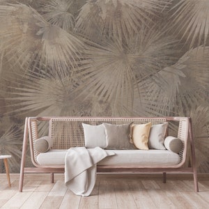 Exotic Tropical Leaves on Concrete Grunge - Peel and Stick, Removable Wallpaper Mural