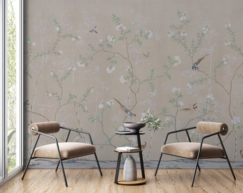 Beige Chinoiserie Wallpaper - Elegant Asian-Inspired Design - Removable & Self-Adhesive - Perfect for Home Décor