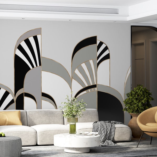 Vintage Black, White & Gold Art Deco Wallpaper Mural – Elegant Geometric Design for Home Décor