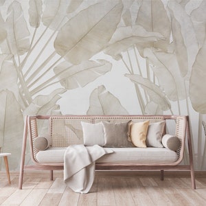 Soft Beige Peel & Stick Wallpaper Mural - Tropical Trees and Leaves - Self-Adhesive Wall Art Décor