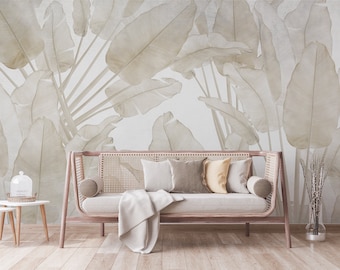 Soft Beige Peel & Stick Wallpaper Mural - Tropical Trees and Leaves - Self-Adhesive Wall Art Décor