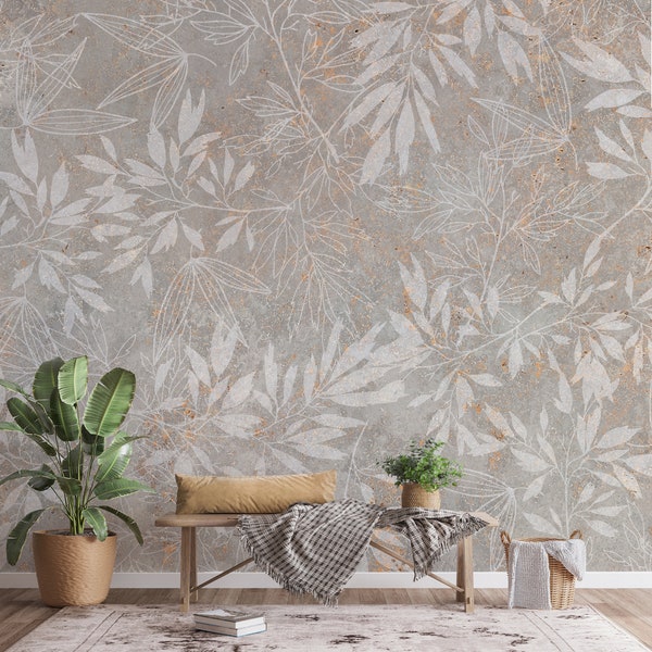 Floral Wall Tiles Wallpaper Mural - Flower Design on Aged White Cement Texture - Rustic Charm for Vintage-Inspired Decor