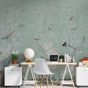 Chinoiserie Removable Wallpaper | Peel & Stick Soft Color Bird Design | Elegant Wall Decor for Home