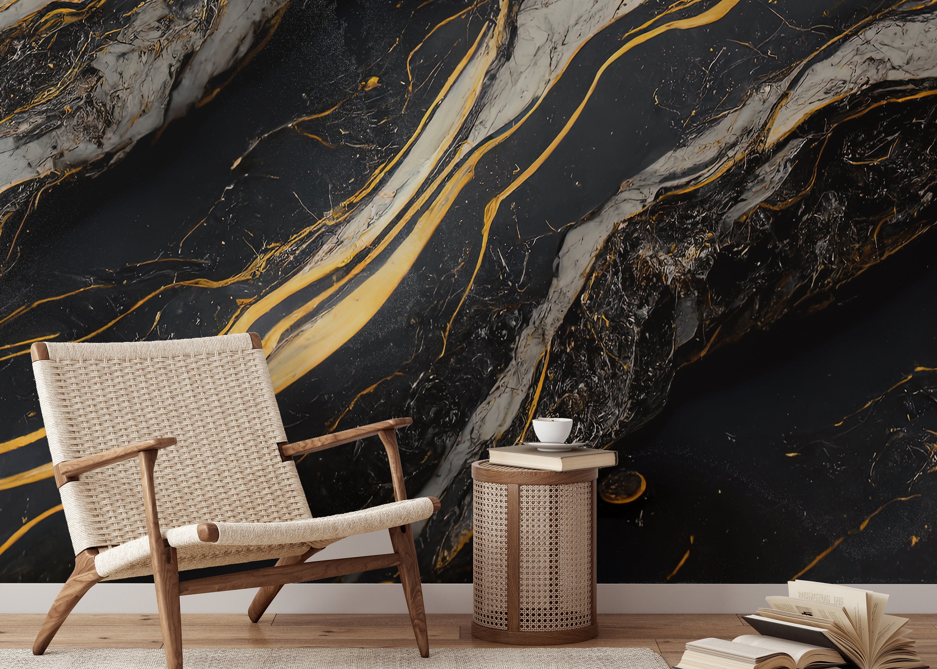 Black Marble Pattern Wallpaper With Gold Veins Digital Printing