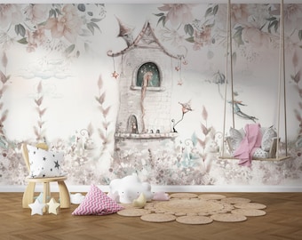 Fairytale Dreams: Princess in the Tower with Floral Background Peel-and-Stick Wallpaper Mural for Girls' Room