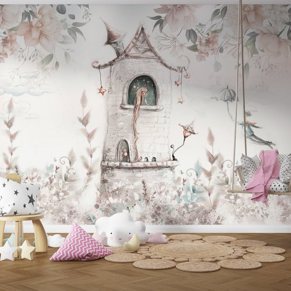 Fairytale Dreams: Princess in the Tower with Floral Background Peel-and-Stick Wallpaper Mural for Girls' Room