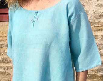 Antique French Linen smock, working dress (Late 1800s) Turquoise Chore Monogrammed CP