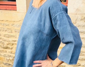 Antique French Linen smock, working dress, (Late 1800s) Vintage Blue Chore Monogrammed BM