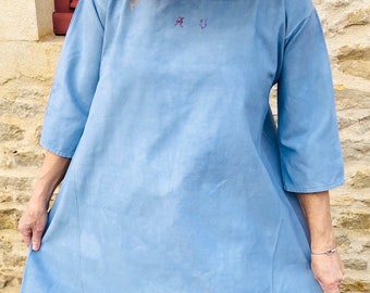 Antique French Linen smock, working dress (Late 1800s) French Blue Chore Monogrammed AV