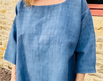 Antique French Linen smock, working dress (Late 1800s) Vintage Blue Chore Monogrammed MB