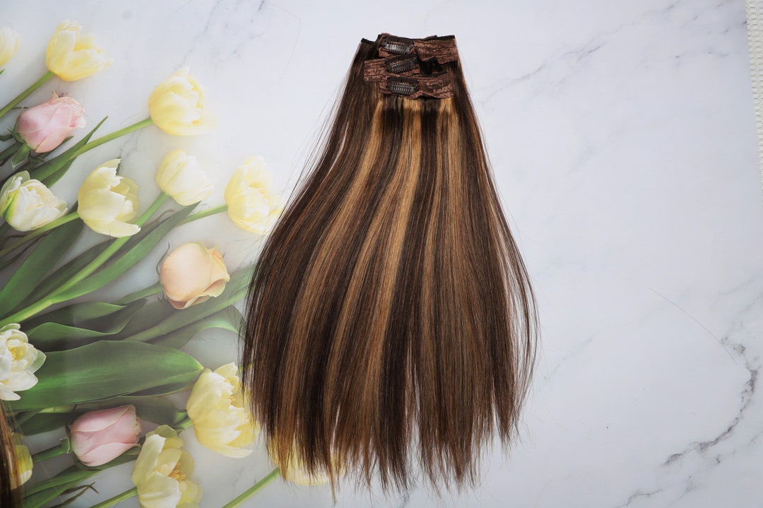 Clip in Hair Extensions Honey Blonde Mixed Light Brown 14 Inch Long