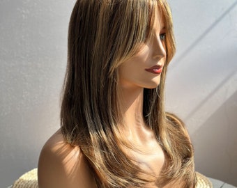 Honig blonde Highlight Remy Echthaar Perücke: Gerade braune Perücke