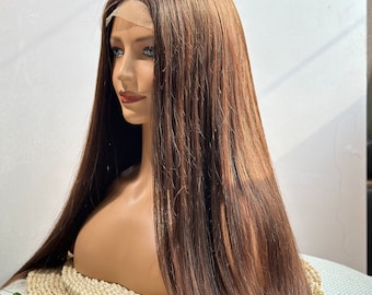 Long Brown Remy Human Hair Wig: 4x4 Lace Front Straight Wig 28"