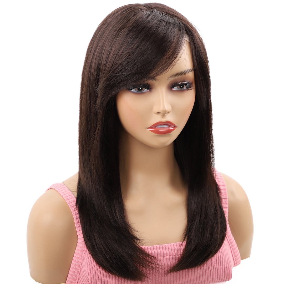 Long Brown Wig With Bangs Human Hair Straight Wig 100% Remy