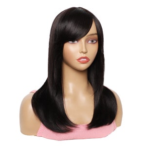 Remy Human Hair Wig: Long Layered Straight Wig, Natural Black