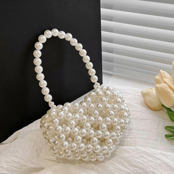 weiße Perlentasche, Braut-Clutch, Herz-Tasche, Designer-Tasche, Braut-Clutch