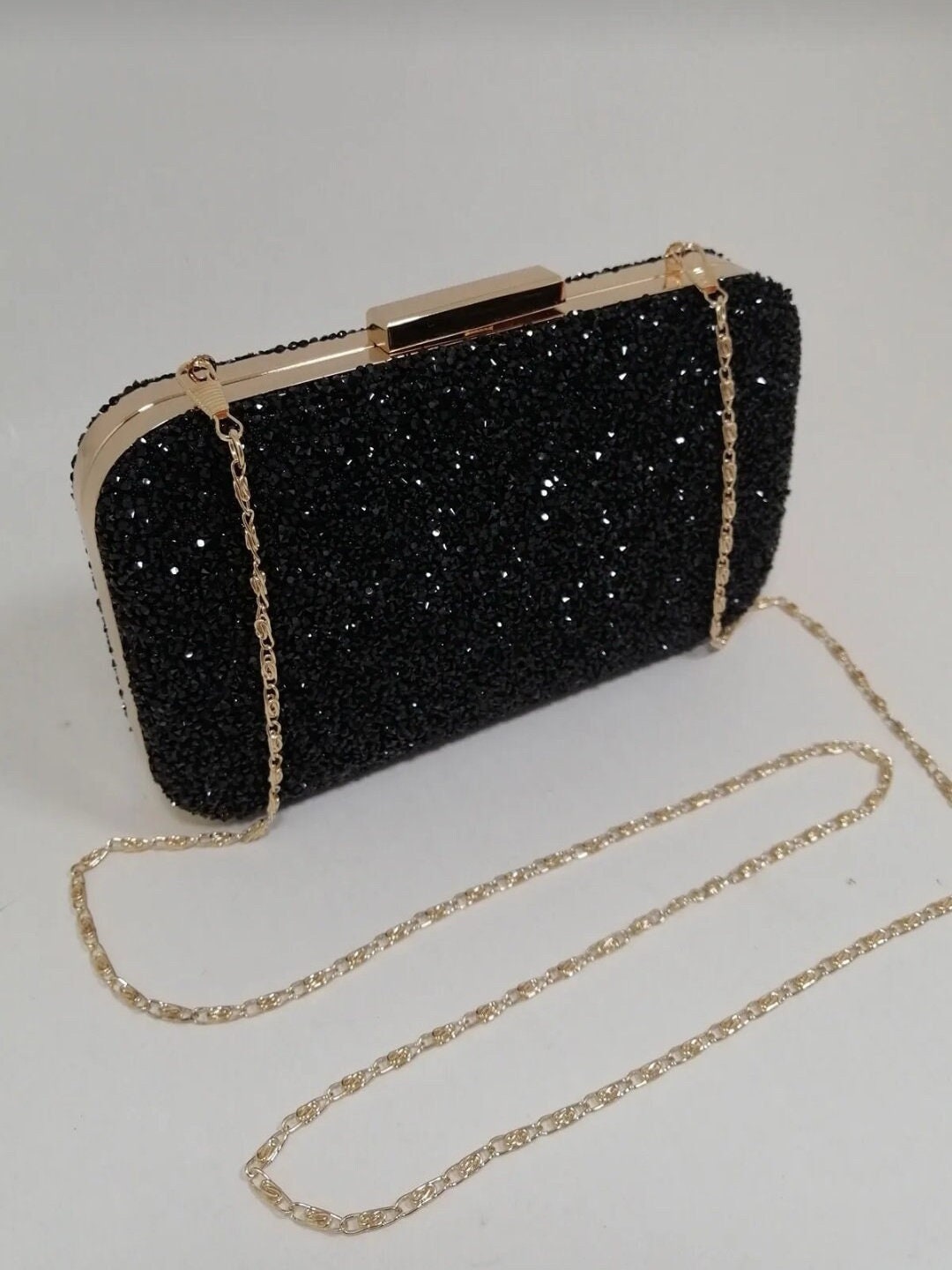 Clutch Bag Black and silver Color fabric and Golden thin Wire Work chain  hanging clutches Purses