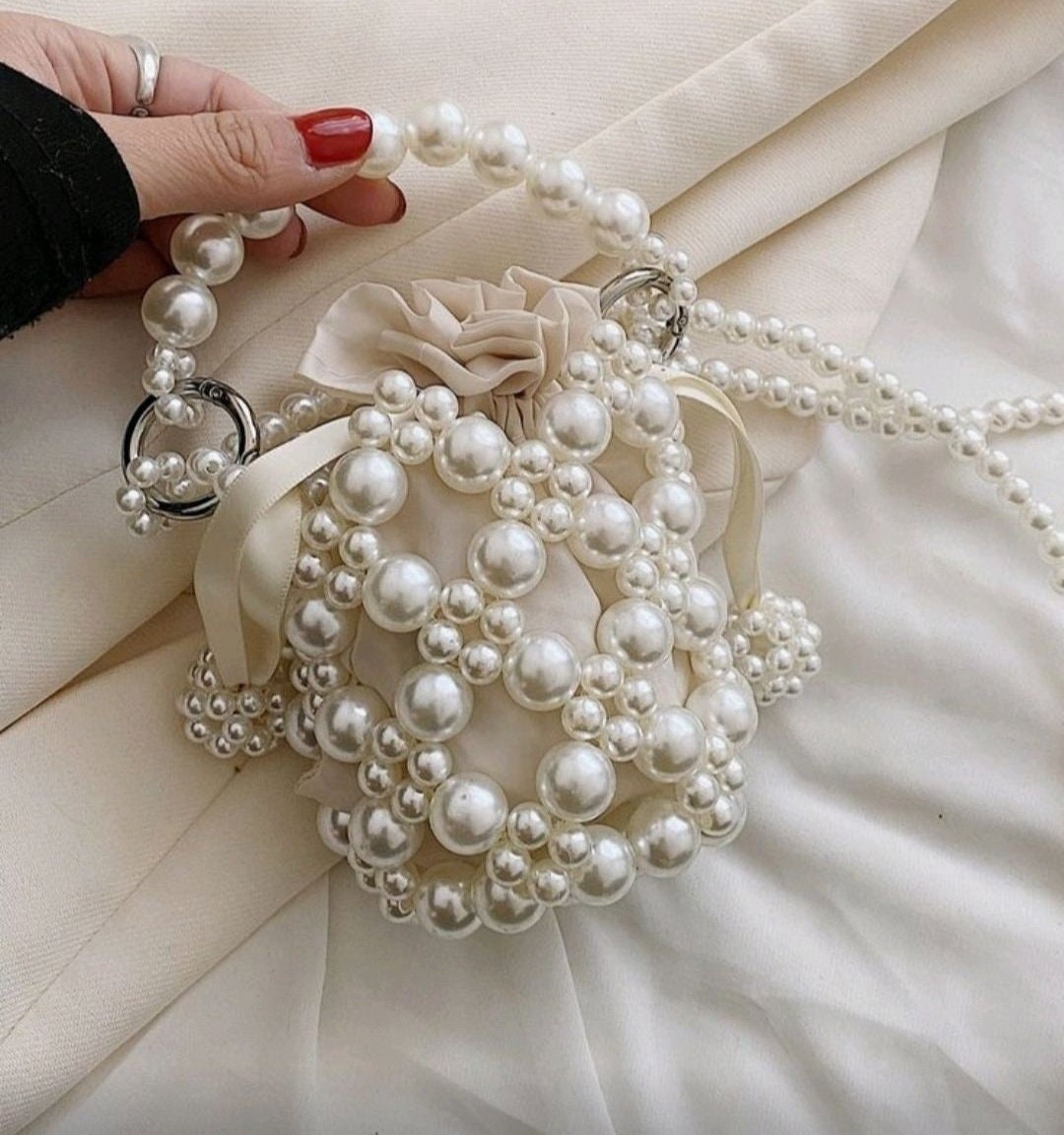 Pearl Bucket Bag,pearl Clutch Bag,elegant Beaded Purse,bridal Mini