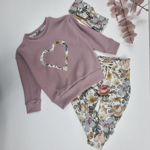 Baby Kinder Set Mädchen Sweater Waffeljersey Baggyhose Pumphose Sommersweat Geschenk zur Geburt  Geburtstag mit Haarband