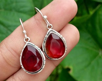 Handmade 925 Sterling Silver Garnet Earrings, Pear Drop