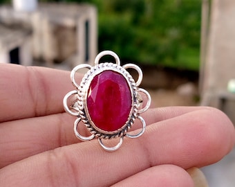 Anello ovale con rubino fatto a mano, anello importante in argento sterling 925