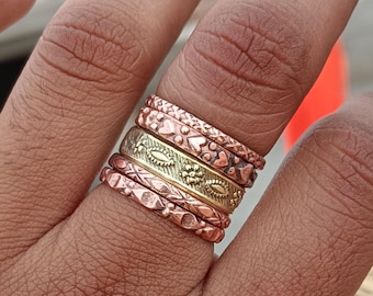 Set of 5 Hammered Pure Copper Thin Rings, Brass Accents, Stacking Woman's Jewelry