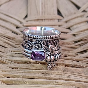 Handmade Sterling Silver Bee Spinner Ring: Amethyst Gemstone