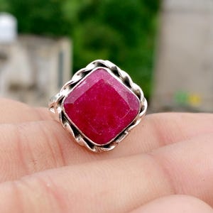 Rectangle Ruby Gemstone Ring, 925 Sterling Silver Statement Ring