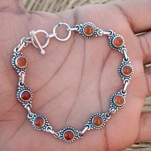 Carnelian Gemstone Bracelet: Handmade 925 Sterling Silver, Orange Round Stone