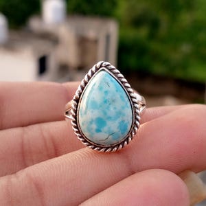 Handmade Pear Larimar Statement Ring, 925 Sterling Silver