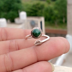 Malachit-Edelsteinring, 925er Sterlingsilberring, handgefertigter Schmuck, Statement-Ring, verstellbarer Ring, Blatt-Design, botanischer Schmuck