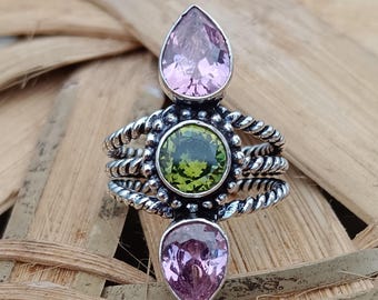 Handmade Sterling Silver Ring, Rose Quartz and Peridot Gemstone