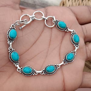 Handmade Turquoise Sterling Silver Bracelet: Oval Gemstone Jewelry