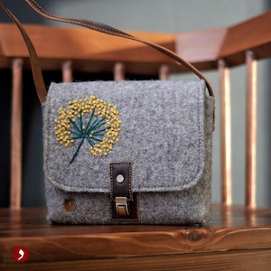 Danje Felt Cross body Bag, Natural Felted Wool Bag with Leather Crossbody strap - Handmade and Embroidered with Cute Wild Flowers, for her