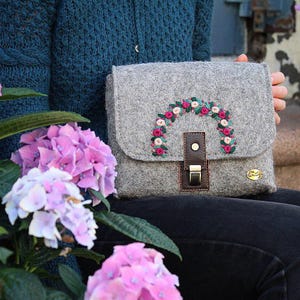 Felt Cross body Bag, Natural Felted Wool Bag with Leather Crossbody strap - Handmade and Embroidered with Cute Wild Flowers, Gift for her