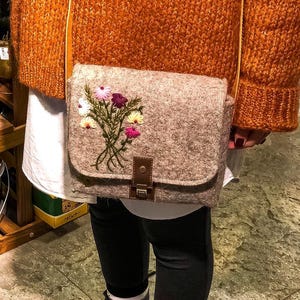 Felt Cross body Bag, Natural Felted Wool Bag with Leather Crossbody strap - Handmade and Embroidered with Cute Wild Flowers, Gift for her