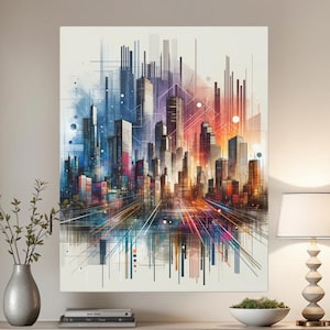 Peut inclure: Une peinture abstraite moderne représentant un horizon urbain avec des lumières colorées et des formes géométriques. La peinture est exposée sur un mur au-dessus d'une console en bois avec une lampe et un vase de fleurs.