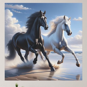 Horses Running on Tropical Beach Canvas Wall Art, Black and White Horses Galloping Beach Scene Décor, Equestrian Beach Art, Horse Artwork