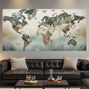 Art mural floral carte du monde, impression botanique abstraite globe, carte du monde aquarelle terreuse, voyage moderne sur le thème de la nature Art décoration d'intérieur